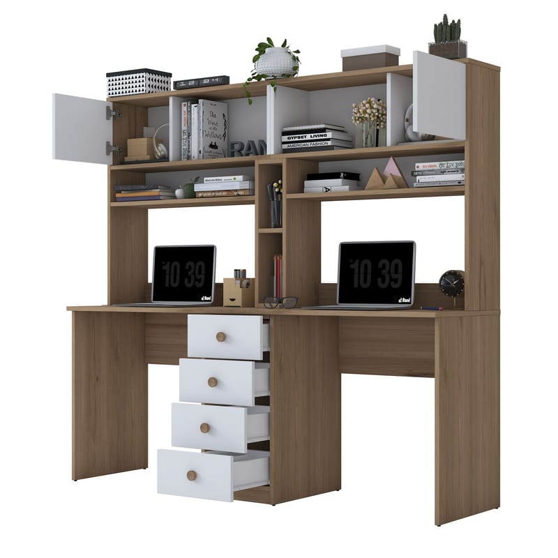 Opiskelupöytä Wallxpert Eska (180 x 166,3 x 50 cm) pähkinä valkoinen - Pähkinä ja valkoinen - Huonekalut - Pöytä & ruokailuryhmä - Työpöytä - Tietokonepöytä