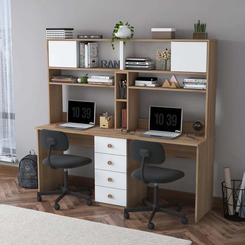 Opiskelupöytä Wallxpert Eska (180 x 166,3 x 50 cm) pähkinä valkoinen - Pähkinä ja valkoinen - Huonekalut - Pöytä & ruokailuryhmä - Työpöytä - Tietokonepöytä