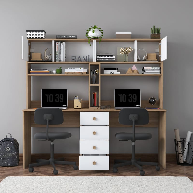 Opiskelupöytä Wallxpert Eska (180 x 166,3 x 50 cm) pähkinä valkoinen - Pähkinä ja valkoinen - Huonekalut - Pöytä & ruokailuryhmä - Työpöytä - Tietokonepöytä