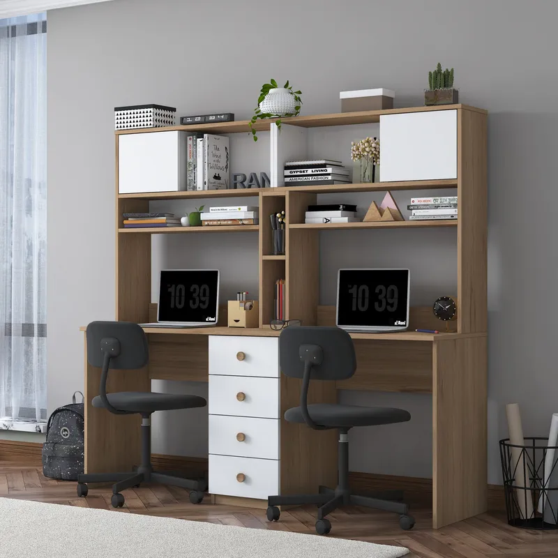 Opiskelupöytä Wallxpert Eska (180 x 166,3 x 50 cm) pähkinä valkoinen - Pähkinä ja valkoinen - Huonekalut - Pöytä & ruokailuryhmä - Työpöytä - Tietokonepöytä