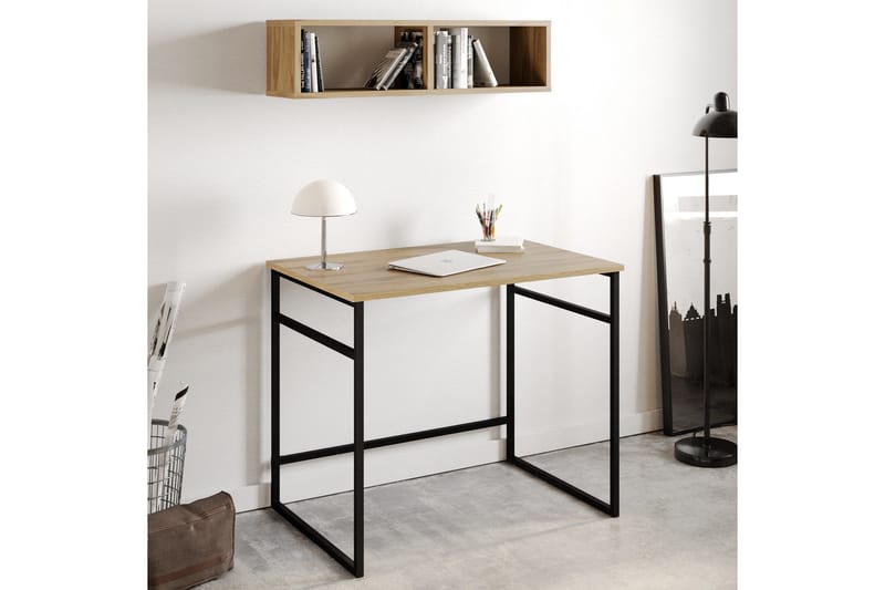Kirjoituspöytä Buskahult 90 cm Säilytyksellä Seinähylly - Ruskea/Valkoinen/Musta - Huonekalut - Pöytä & ruokailuryhmä - Työpöytä - Tietokonepöytä