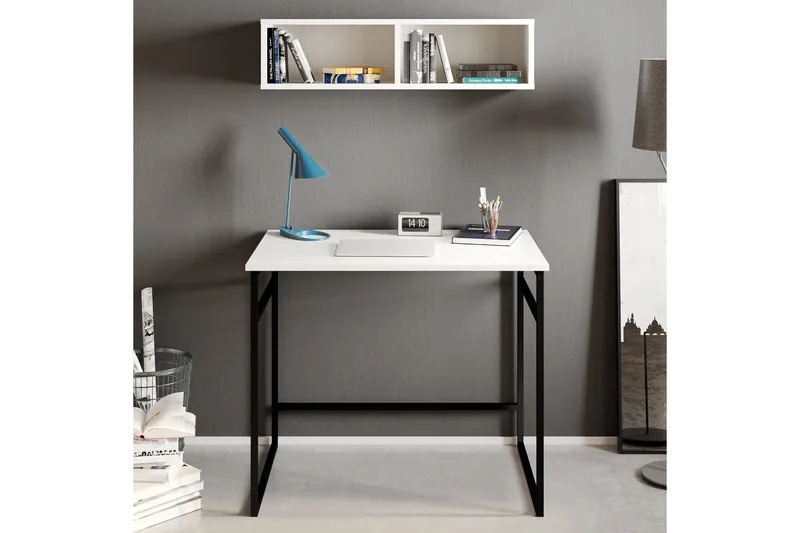 Kirjoituspöytä Buskahult 90 cm Säilytyksellä Seinähylly, Valkoinen/Musta