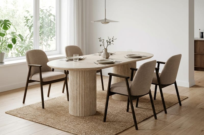 Uppveda Ruokailuryhmä 180 cm Ovaali Travertiini 4 Reciclar Ruokatuolilla - Travertiini/Greige - Huonekalut - Pöytä & ruokailuryhmä - Ruokailuryhmä
