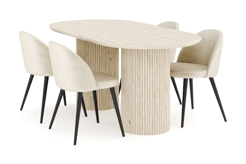 Uppveda Ruokailuryhmä 180 cm Soikea, 4 Valeri Samettituolia, Travertiini