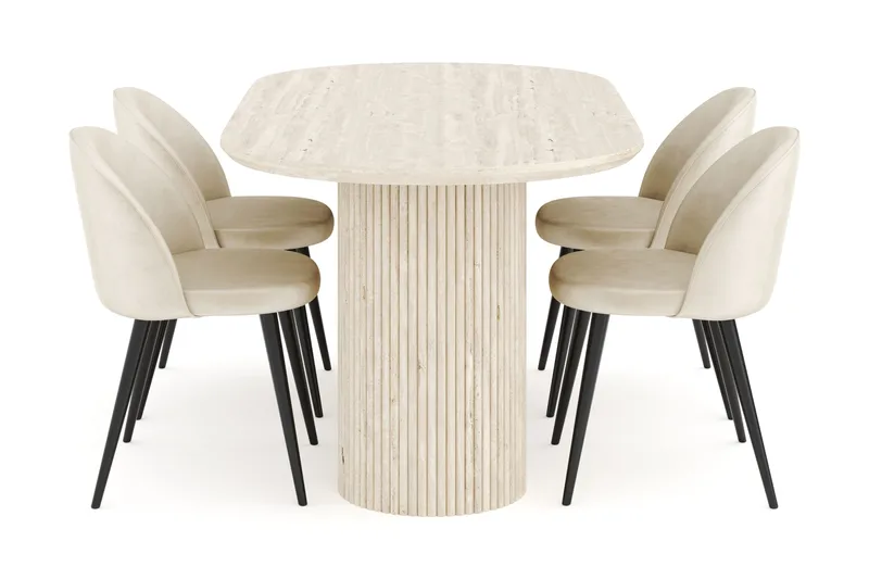 Uppveda Ruokailuryhmä 180 cm Soikea, 4 Valeri Samettituolia - Travertiini - Huonekalut - Pöytä & ruokailuryhmä - Ruokailuryhmä