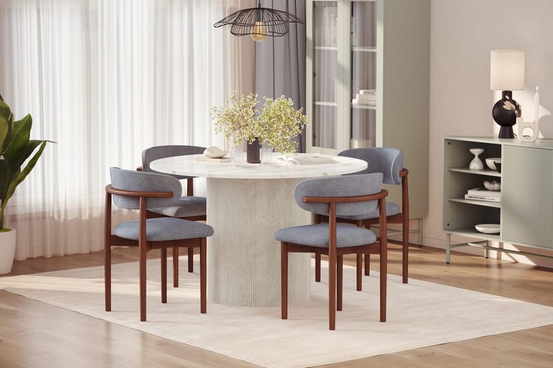 Uppveda Ruokapöytä 120 cm Pyöreä ja 4 kpl Jaiveer Tuolia - Valkoinen - Huonekalut - Pöytä & ruokailuryhmä - Ruokailuryhmä