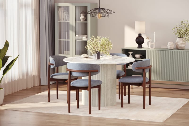 Uppveda Ruokapöytä 120 cm Pyöreä ja 4 kpl Jaiveer Tuolia - Valkoinen - Huonekalut - Pöytä & ruokailuryhmä - Ruokailuryhmä