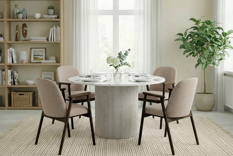 Uppveda Ruokapöytä 120 cm Pyöreä Valkoinen 4 Reciclar Ruokatuolilla - Valkoinen/Greige - Huonekalut - Pöytä & ruokailuryhmä - Ruokailuryhmä