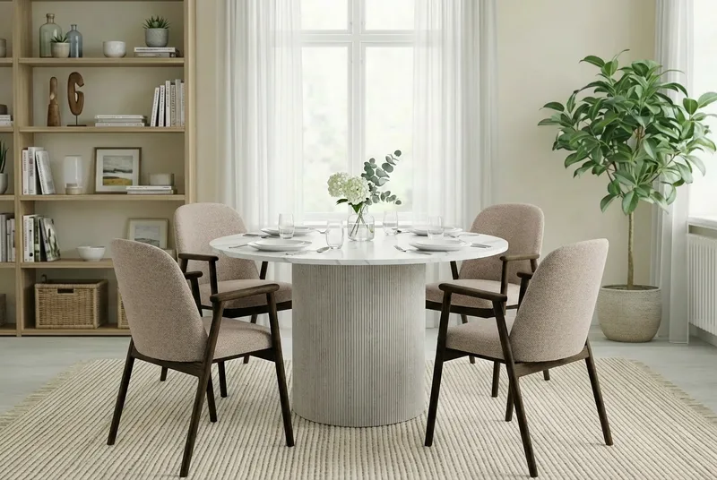 Uppveda Ruokapöytä 120 cm Pyöreä Valkoinen 4 Reciclar Ruokatuolilla - Valkoinen/Greige - Huonekalut - Pöytä & ruokailuryhmä - Ruokailuryhmä