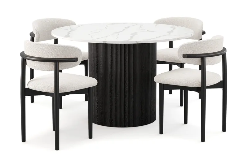 Uppveda Ruokapöytä 120 cm Pyöreä ja 4 kpl Jaiveer Tuolia, Musta/Valkoinen
