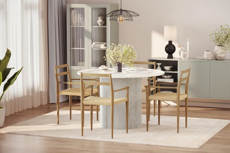 Uppveda Ruokapöytä 120 cm Pyöreä ja 4 kpl Jamna Käsinojatuolia - Valkoinen - Huonekalut - Pöytä & ruokailuryhmä - Ruokailuryhmä