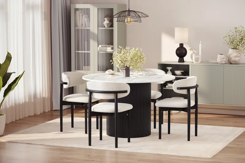 Uppveda Ruokapöytä 120 cm Pyöreä ja 4 kpl Jaiveer Tuolia - Musta/Valkoinen - Huonekalut - Pöytä & ruokailuryhmä - Ruokailuryhmä