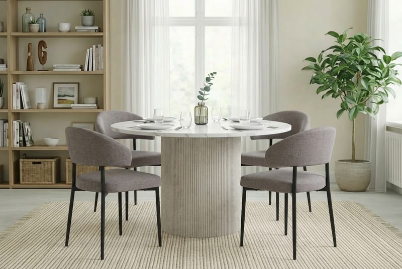 Uppveda Ruokapöytä 120 cm Pyöreä Valkoinen ja 4 Sawako Greige Tuolia - Valkoinen/Greige - Huonekalut - Pöytä & ruokailuryhmä - Ruokailuryhmä