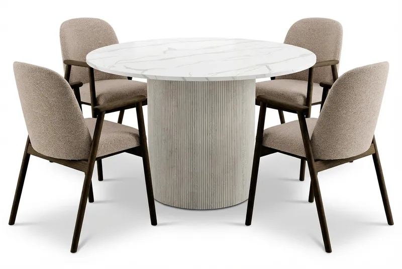 Uppveda Ruokapöytä 120 cm Pyöreä Valkoinen 4 Reciclar Ruokatuolilla, Valkoinen/Greige