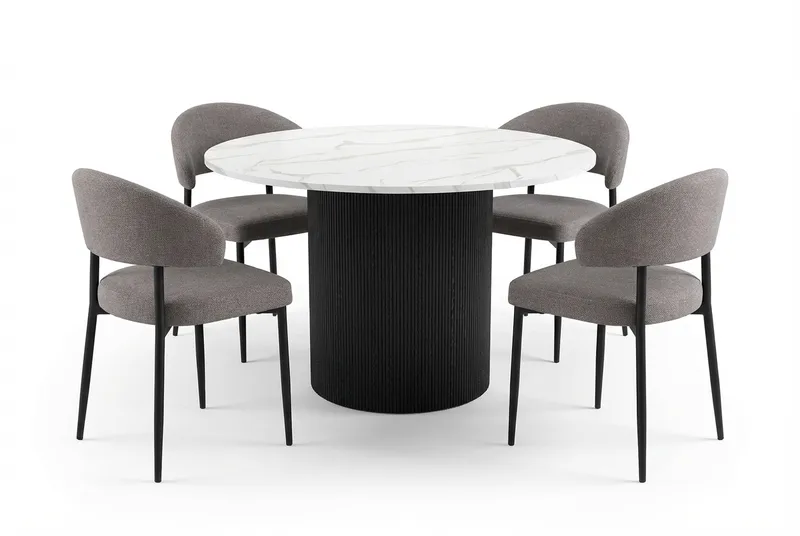 Uppveda Ruokapöytä 120 cm Pyöreä Musta ja 4 Sawako Greige Tuolia, Musta/Valkoinen/Greige