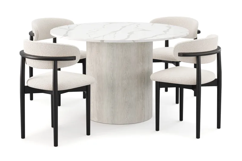 Uppveda Ruokapöytä 120 cm Pyöreä ja 4 kpl Jaiveer Tuolia, Valkoinen