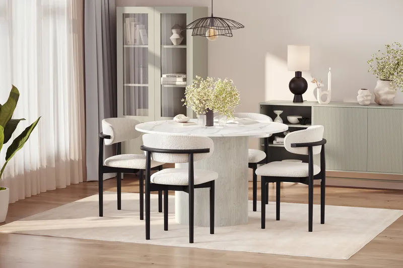 Uppveda Ruokapöytä 120 cm Pyöreä ja 4 kpl Jaiveer Tuolia - Valkoinen - Huonekalut - Pöytä & ruokailuryhmä - Ruokailuryhmä