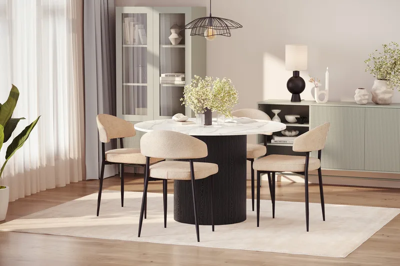 Uppveda Ruokapöytä 120 cm Pyöreä ja 4 kpl Jairam Tuolia - Musta/Valkoinen - Huonekalut - Pöytä & ruokailuryhmä - Ruokailuryhmä