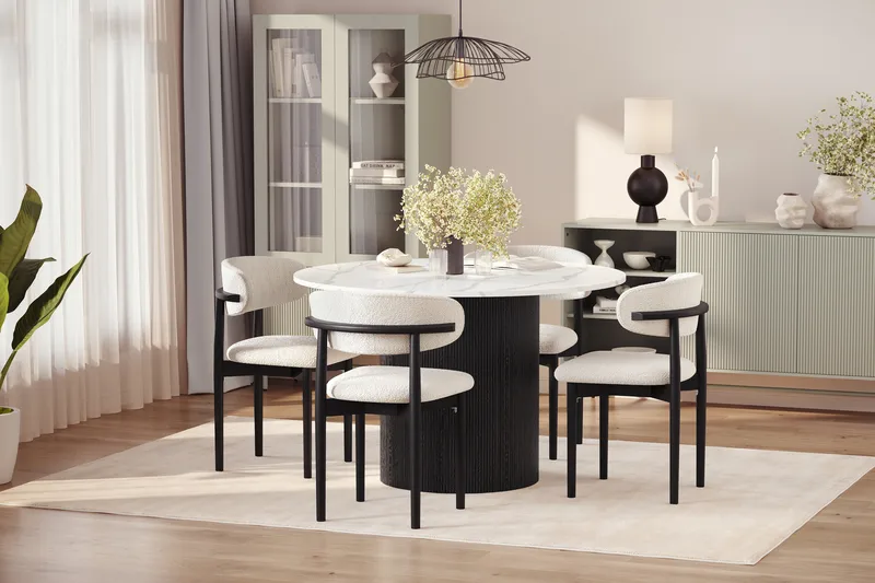 Uppveda Ruokapöytä 120 cm Pyöreä ja 4 kpl Jaiveer Tuolia - Musta/Valkoinen - Huonekalut - Pöytä & ruokailuryhmä - Ruokailuryhmä