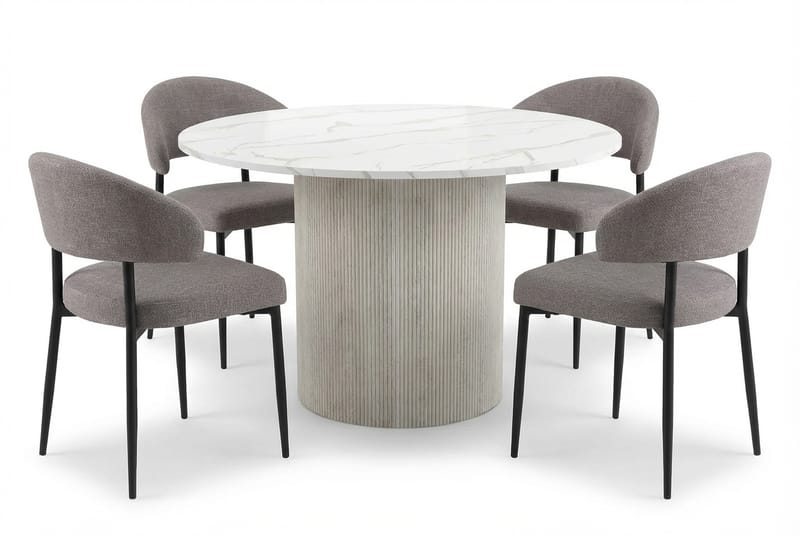 Uppveda Ruokapöytä 120 cm Pyöreä Valkoinen ja 4 Sawako Greige Tuolia, Valkoinen/Greige