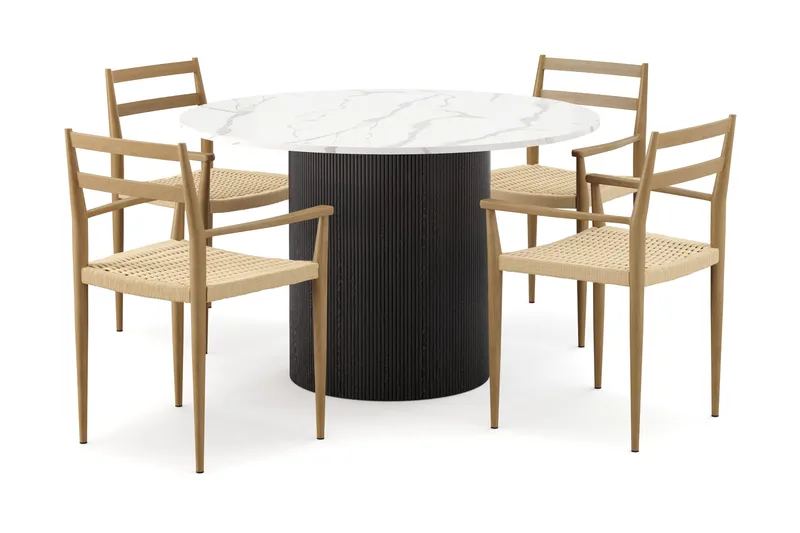 Uppveda Ruokapöytä 120 cm Pyöreä ja 4 kpl Jamna Käsinojatuolia, Musta/Valkoinen