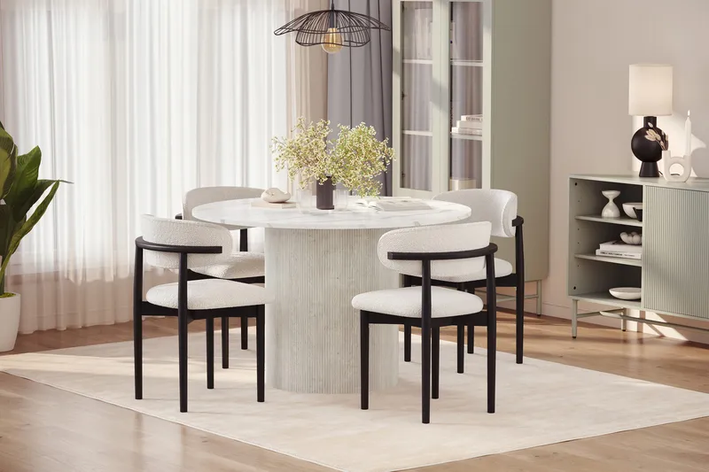 Uppveda Ruokapöytä 120 cm Pyöreä ja 4 kpl Jaiveer Tuolia - Valkoinen - Huonekalut - Pöytä & ruokailuryhmä - Ruokailuryhmä