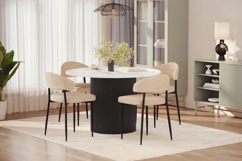 Uppveda Ruokapöytä 120 cm Pyöreä ja 4 kpl Jairam Tuolia - Musta/Valkoinen - Huonekalut - Pöytä & ruokailuryhmä - Ruokailuryhmä