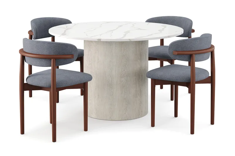 Uppveda Ruokapöytä 120 cm Pyöreä ja 4 kpl Jaiveer Tuolia, Valkoinen