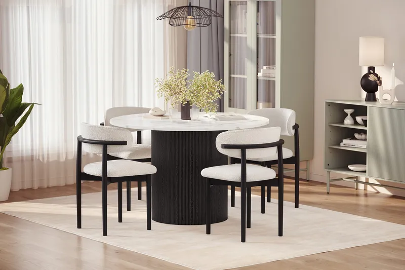 Uppveda Ruokapöytä 120 cm Pyöreä ja 4 kpl Jaiveer Tuolia - Musta/Valkoinen - Huonekalut - Pöytä & ruokailuryhmä - Ruokailuryhmä