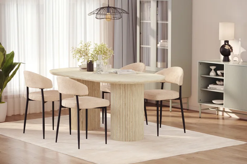 Uppveda Ruokapöytä travertiinin näköinen 4 Jairam ruokatuolilla - Beige - Huonekalut - Pöytä & ruokailuryhmä - Ruokailuryhmä