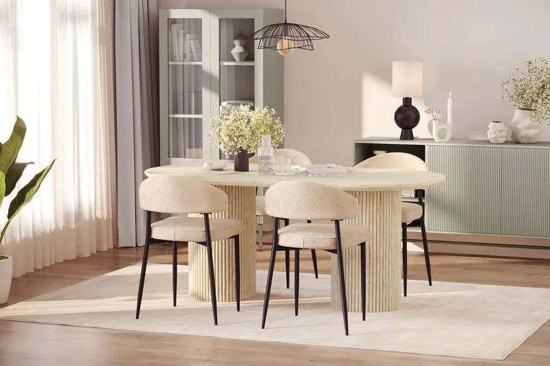 Uppveda Ruokapöytä travertiinin näköinen 4 Jairam ruokatuolilla - Beige - Huonekalut - Pöytä & ruokailuryhmä - Ruokailuryhmä