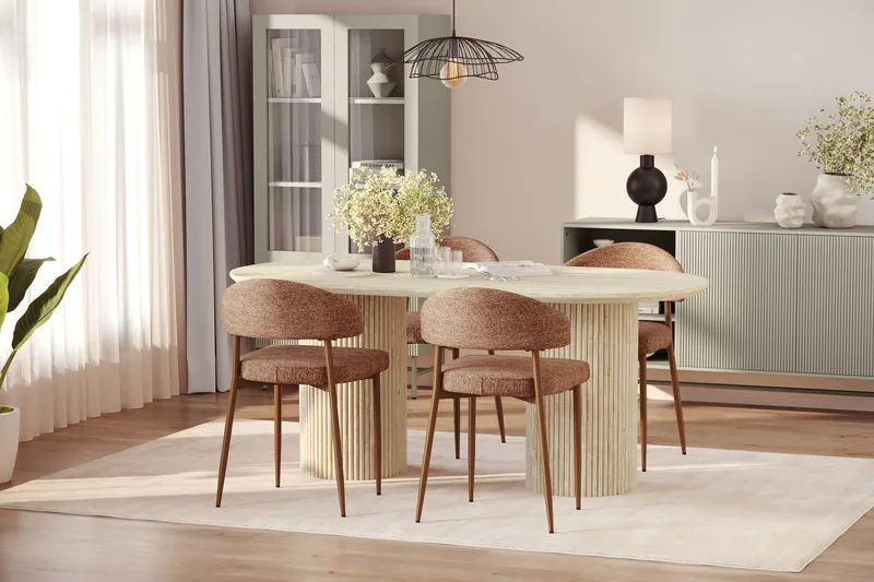 Uppveda Ruokapöytä travertiinin näköinen 4 Jairam ruokatuolilla - Beige - Huonekalut - Pöytä & ruokailuryhmä - Ruokailuryhmä