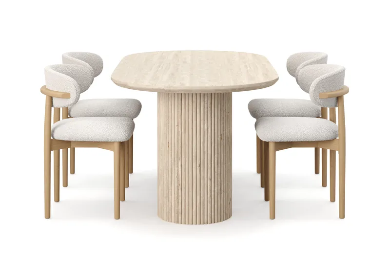 Uppveda Ruokapöytä travertiinin näköinen 4 Jaiveer ruokatuolilla - Beige - Huonekalut - Pöytä & ruokailuryhmä - Ruokailuryhmä