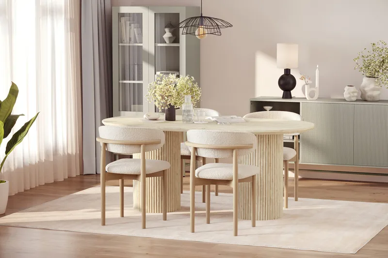 Uppveda Ruokapöytä travertiinin näköinen 4 Jaiveer ruokatuolilla - Beige - Huonekalut - Pöytä & ruokailuryhmä - Ruokailuryhmä