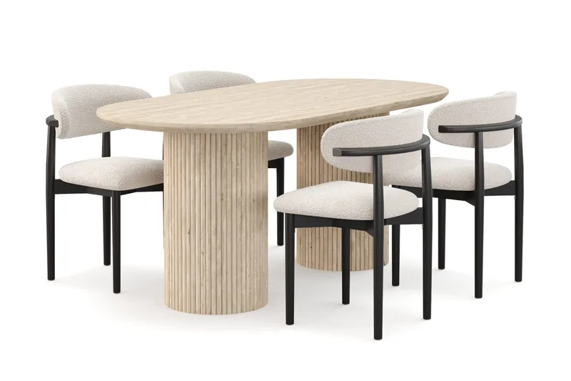 Uppveda Ruokapöytä travertiinin näköinen 4 Jaiveer ruokatuolilla, Beige