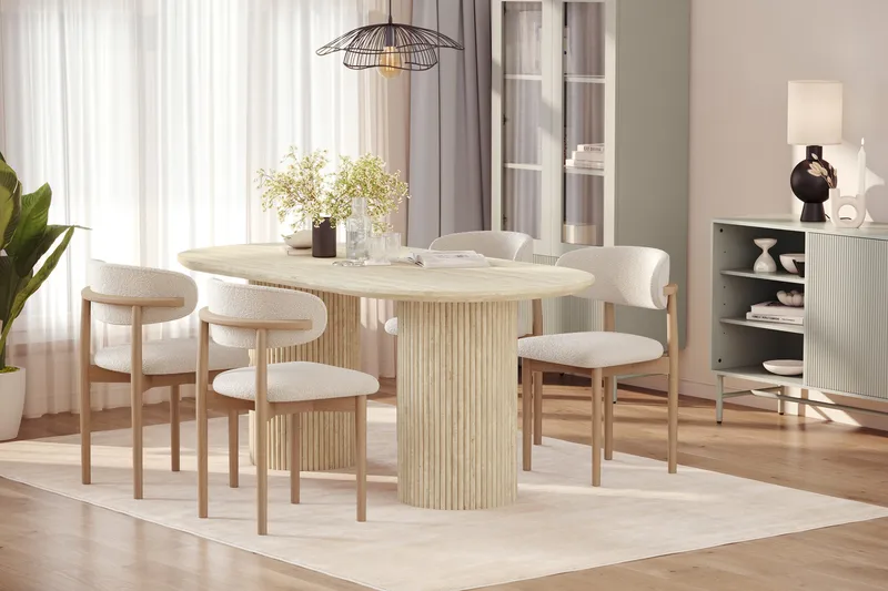 Uppveda Ruokapöytä travertiinin näköinen 4 Jaiveer ruokatuolilla - Beige - Huonekalut - Pöytä & ruokailuryhmä - Ruokailuryhmä