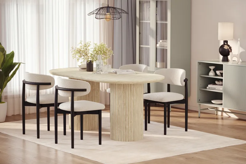 Uppveda Ruokapöytä travertiinin näköinen 4 Jaiveer ruokatuolilla - Beige - Huonekalut - Pöytä & ruokailuryhmä - Ruokailuryhmä