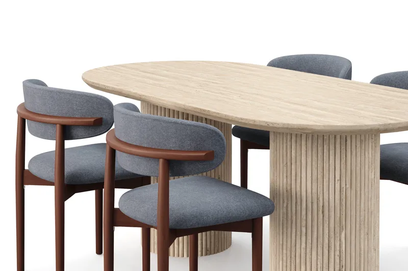 Uppveda Ruokapöytä travertiinin näköinen 4 Jaiveer ruokatuolilla - Beige - Huonekalut - Pöytä & ruokailuryhmä - Ruokailuryhmä