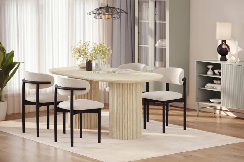 Uppveda Ruokapöytä travertiinin näköinen 4 Jaiveer ruokatuolilla - Beige - Huonekalut - Pöytä & ruokailuryhmä - Ruokailuryhmä