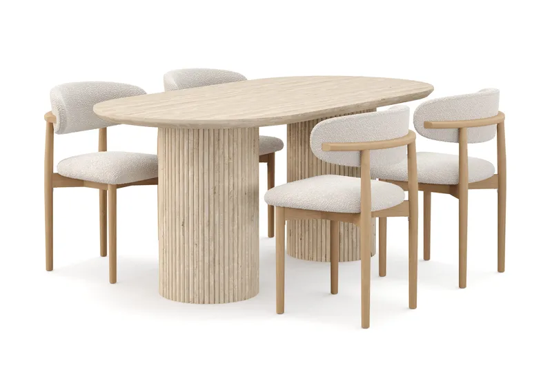 Uppveda Ruokapöytä travertiinin näköinen 4 Jaiveer ruokatuolilla, Beige