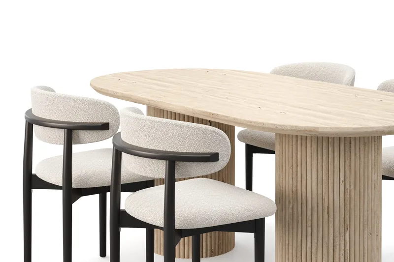 Uppveda Ruokapöytä travertiinin näköinen 4 Jaiveer ruokatuolilla - Beige - Huonekalut - Pöytä & ruokailuryhmä - Ruokailuryhmä