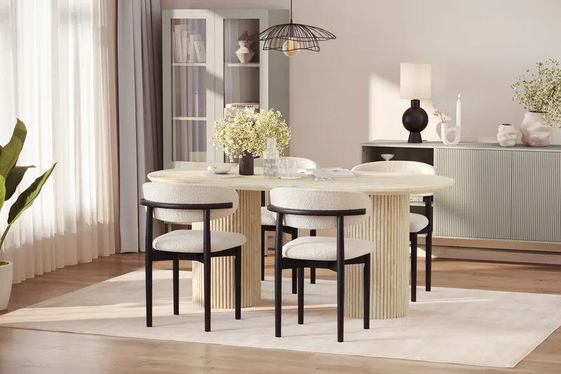 Uppveda Ruokapöytä travertiinin näköinen 4 Jaiveer ruokatuolilla - Beige - Huonekalut - Pöytä & ruokailuryhmä - Ruokailuryhmä