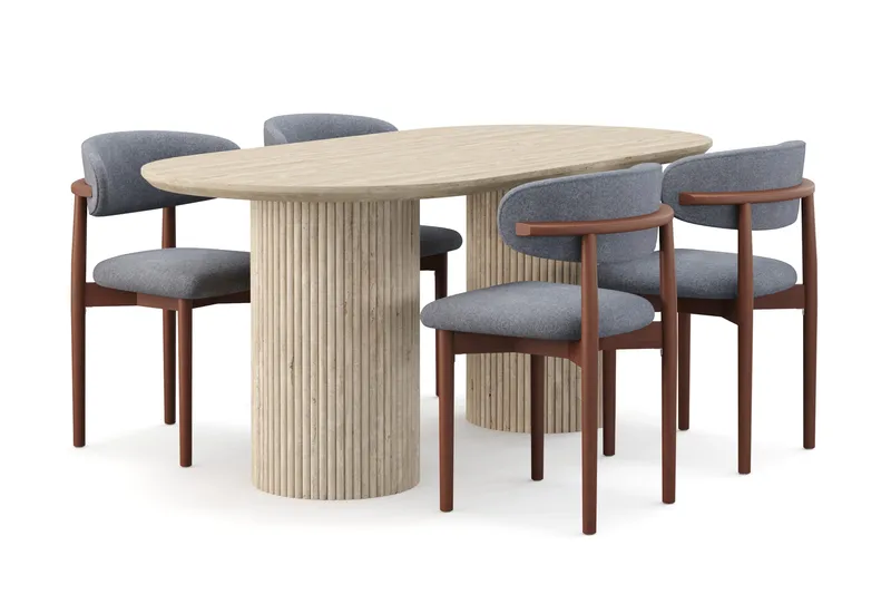 Uppveda Ruokapöytä travertiinin näköinen 4 Jaiveer ruokatuolilla, Beige