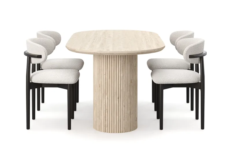 Uppveda Ruokapöytä travertiinin näköinen 4 Jaiveer ruokatuolilla - Beige - Huonekalut - Pöytä & ruokailuryhmä - Ruokailuryhmä