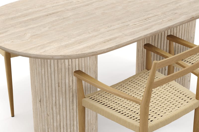 Uppveda Ruokapöytä travertiinin näköinen 4 Jamna käsinojatuolilla - Beige - Huonekalut - Pöytä & ruokailuryhmä - Ruokailuryhmä