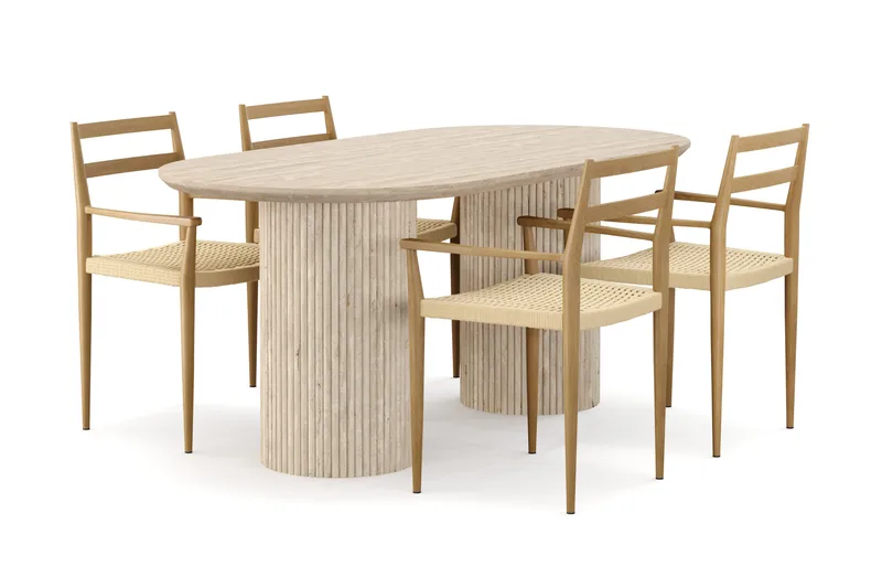 Uppveda Ruokapöytä travertiinin näköinen 4 Jamna käsinojatuolilla, Beige