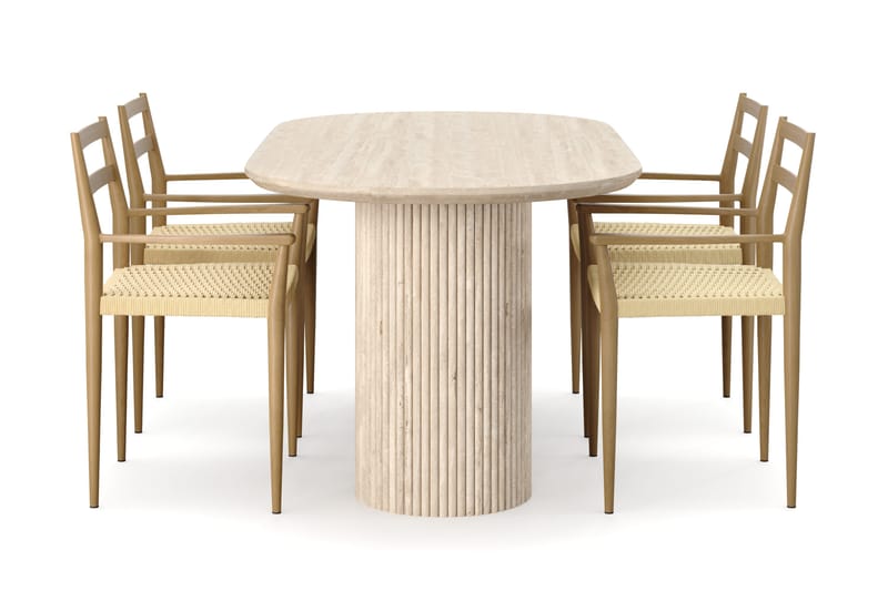 Uppveda Ruokapöytä travertiinin näköinen 4 Jamna käsinojatuolilla - Beige - Huonekalut - Pöytä & ruokailuryhmä - Ruokailuryhmä