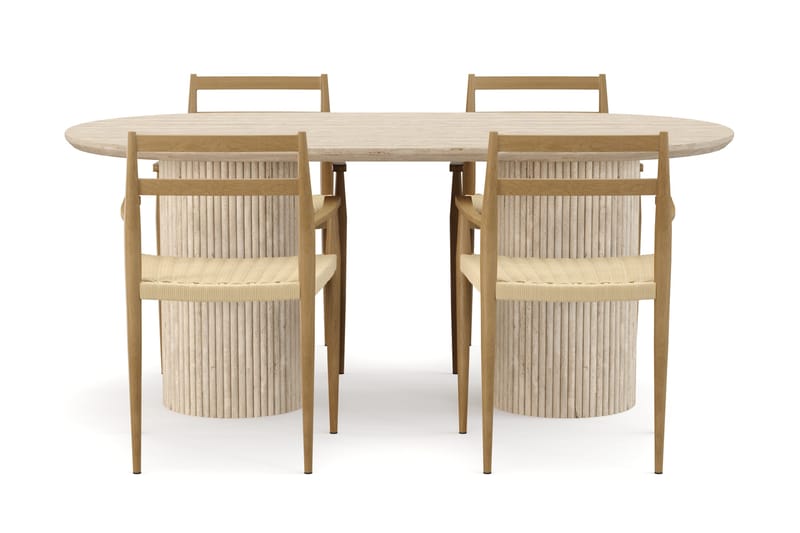 Uppveda Ruokapöytä travertiinin näköinen 4 Jamna käsinojatuolilla - Beige - Huonekalut - Pöytä & ruokailuryhmä - Ruokailuryhmä