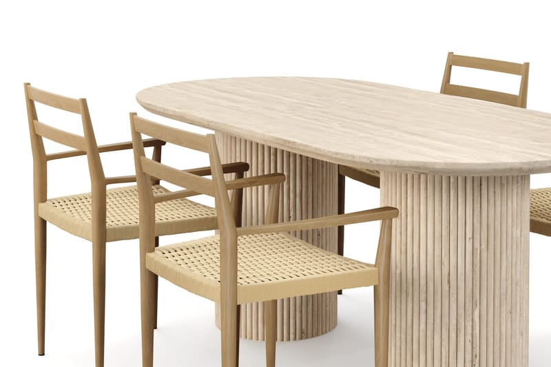Uppveda Ruokapöytä travertiinin näköinen 4 Jamna käsinojatuolilla - Beige - Huonekalut - Pöytä & ruokailuryhmä - Ruokailuryhmä