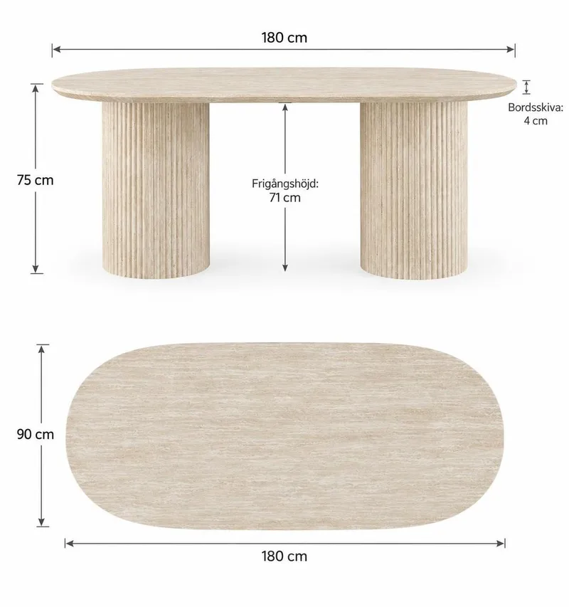 Uppveda-soikea ruokapöytä, 180 × 90 cm, travertiinin näköinen - Beige - Huonekalut - Pöytä & ruokailuryhmä - Ruokapöydät & keittiön pöydät